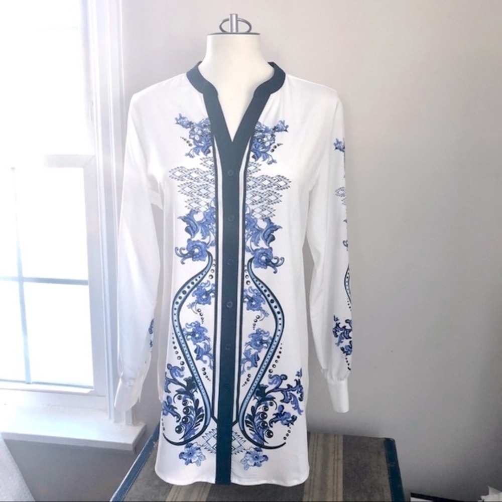 Soft Surroundings Blue White Button Down Blouse Tunic Small